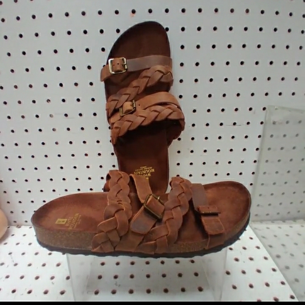 White Mountain | Brown Leather Sandals |Women Braided Flat Cork Footbed | Slide